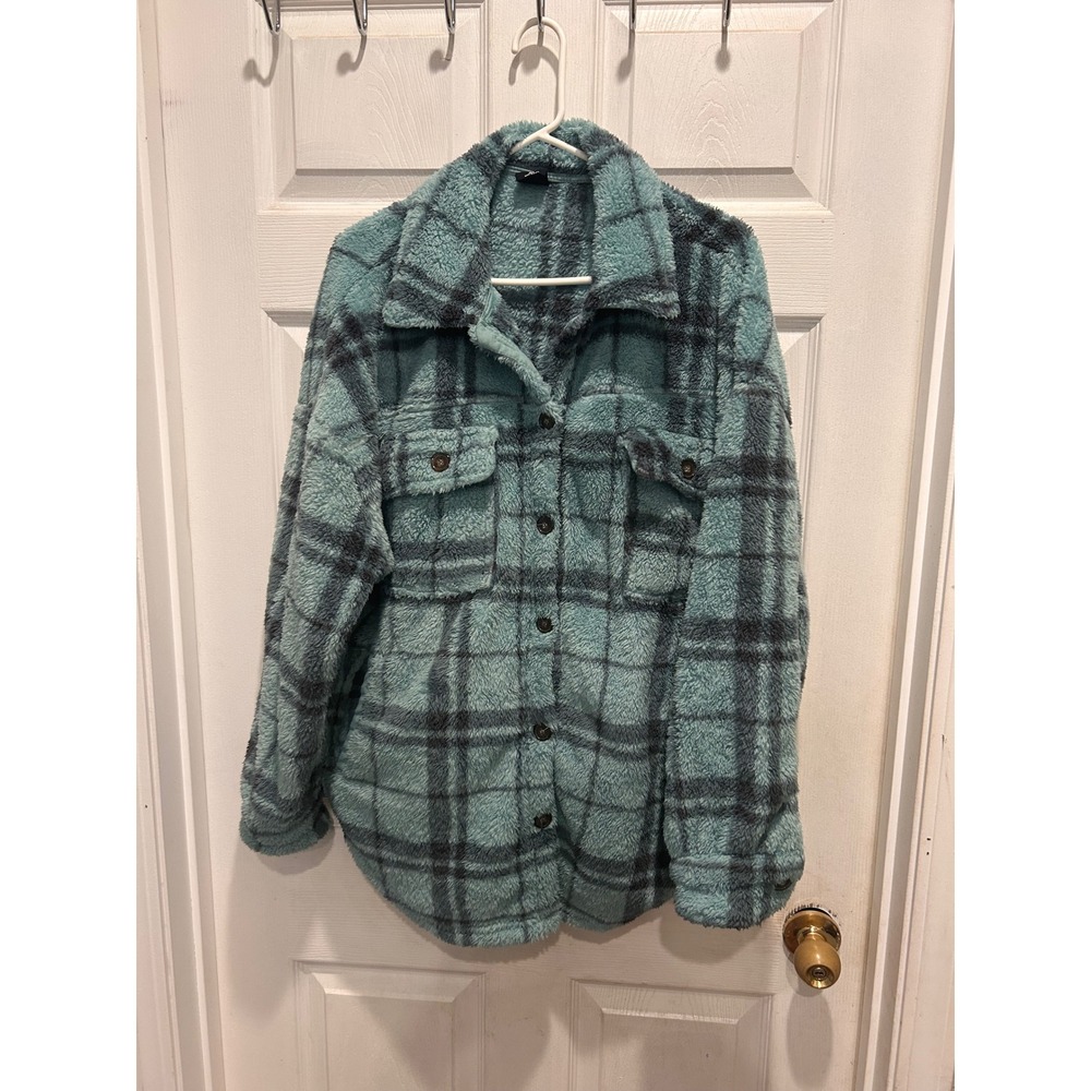 PacSun Plaid Sherpa Shacket Teal Blue Black Button Up Faux Fur Jacket M/L